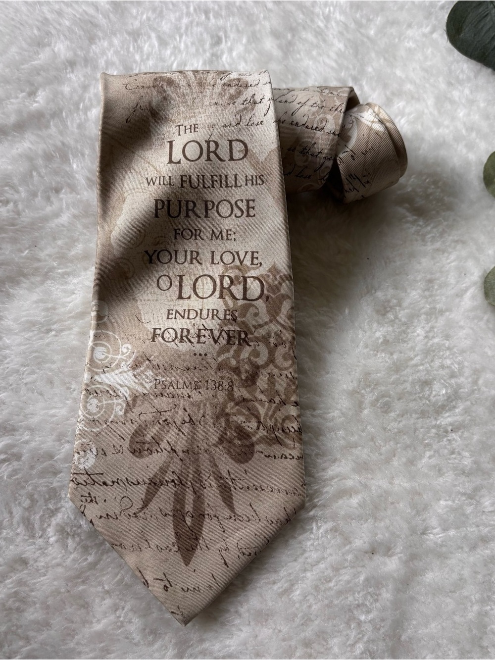 Beige Inspirational Bible Psalm Silk Tie for Men - Faith Message Necktie